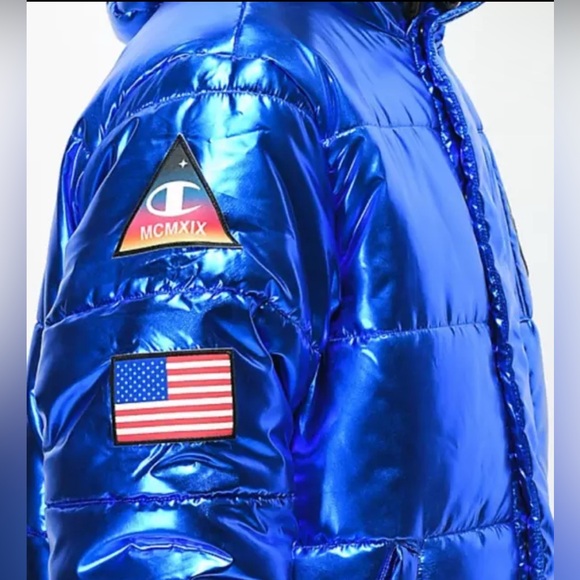 RARE Champion x NASA Metallic Puffer Jacket Mens Blue Quilted Space - Picture 4 of 12